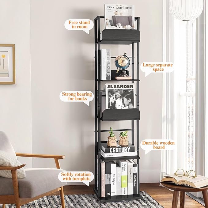 Bikoney Rotating Bookshelf, 5-Tier Bookshelves Tower - Image 6