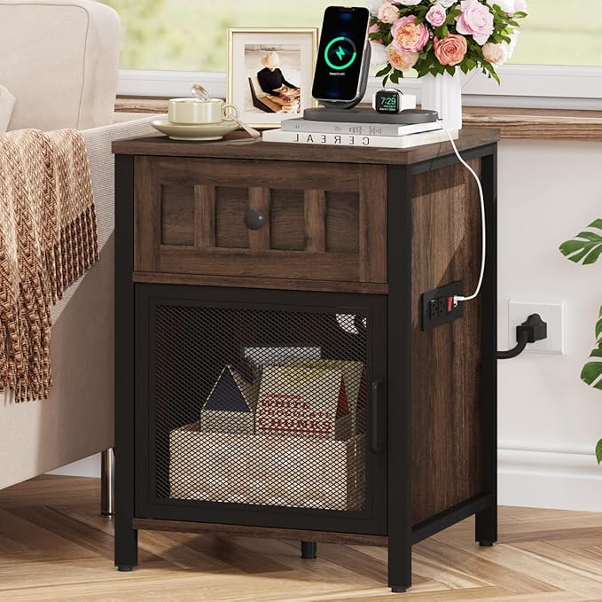 FATORRI End Table with Charging Station, Farmhouse Side Table with Drawer by FATORRI