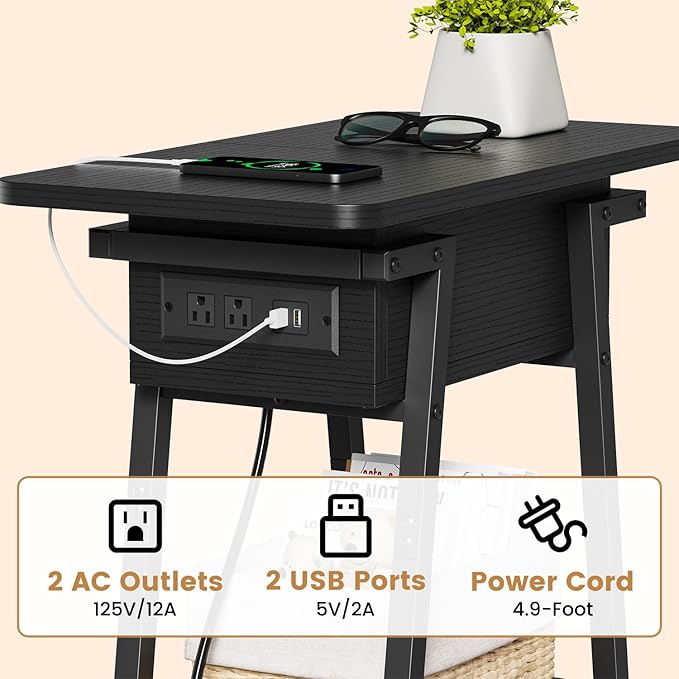 End Table with Charging Station, Flip Top Side Table with USB Ports and Outlets - Image 6