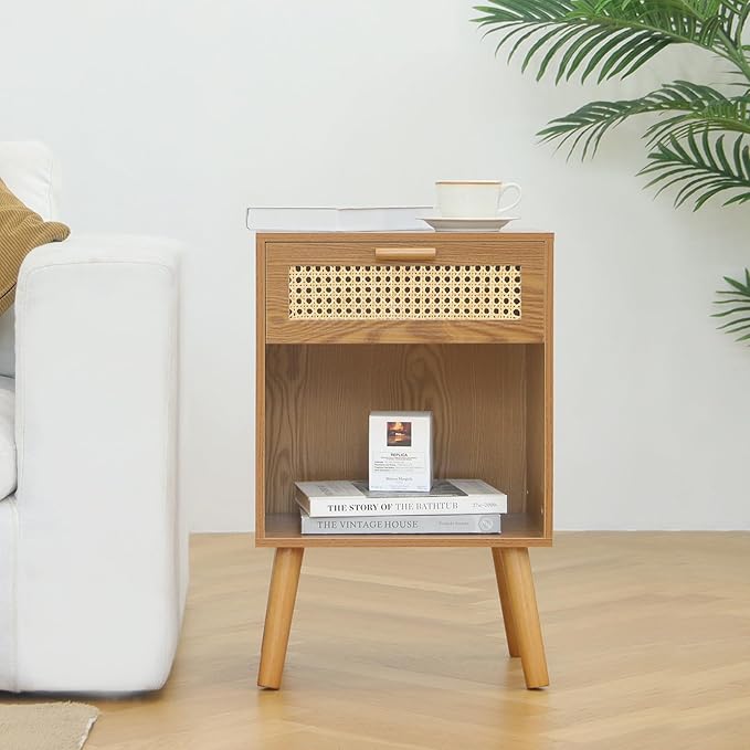 Mid Century Modern Nightstand, Rattan Bedside Table - Image 2