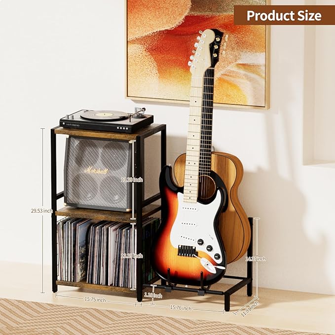 End Table with Guitar Stand, Record Player Stand, Vinyl Records Storage - Image 3