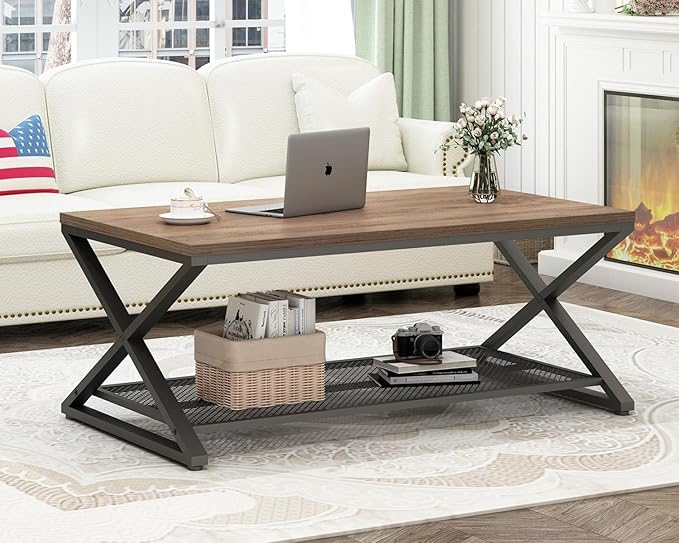 LVB Wood Coffee Table, Metal Wooden Living Room Table - Image 3