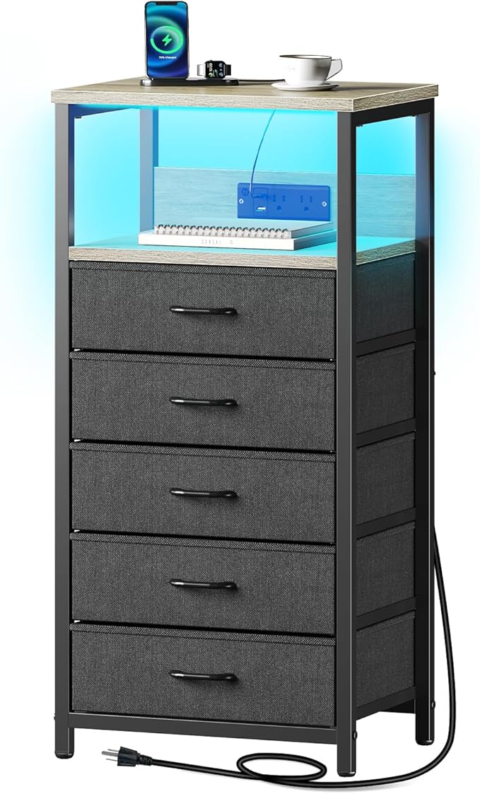 Seventable Night Stand with Charging Station, Tall Nightstand with 5 Fabric by Seventable