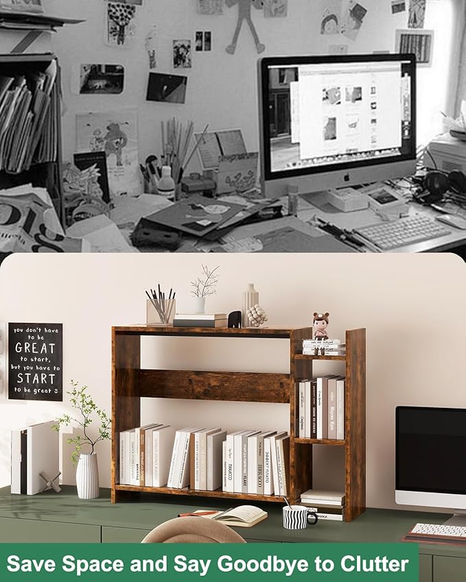 IBUYKE Desktop Bookshelf, 36.8" Desktop Organizer Shelf, Wood Desk Hutch - Image 8