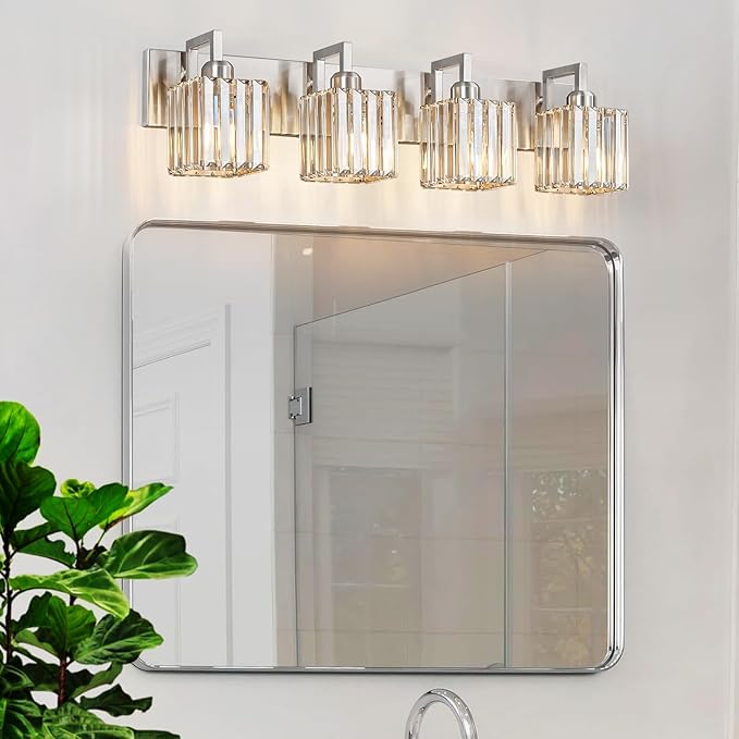 Modern Bathroom Vanity Light 4-Lights Brushed Nickel Vanity Light Crystal Wall - Image 7