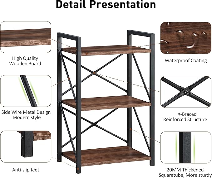 3 Tiers Bookshelf, Home Office Bookcase Shelf Storage Organizer - Image 7