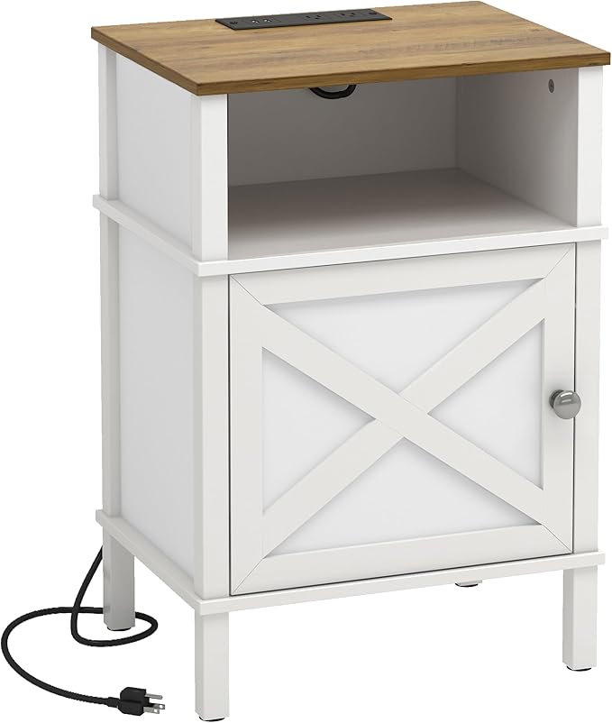 Farmhouse Nightstand with Charging Station, End Table with Storage, Night Stand by CIILAAILE