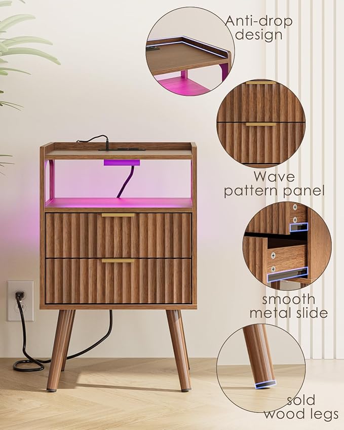 Nightstand with Charging Station and LED Lights, Modern Bedside Table with - Image 6
