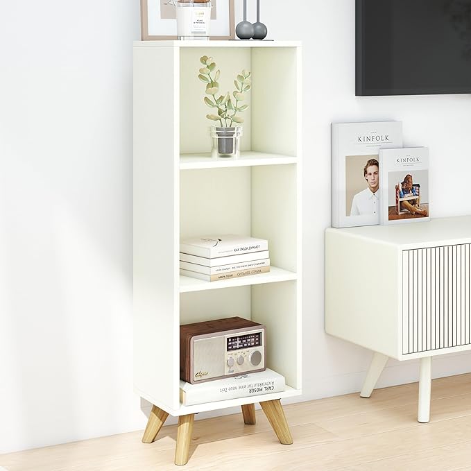 Manora Small Bookcase with 3 Open Shelves, Modern White Bookshelf with Wooden - Image 6