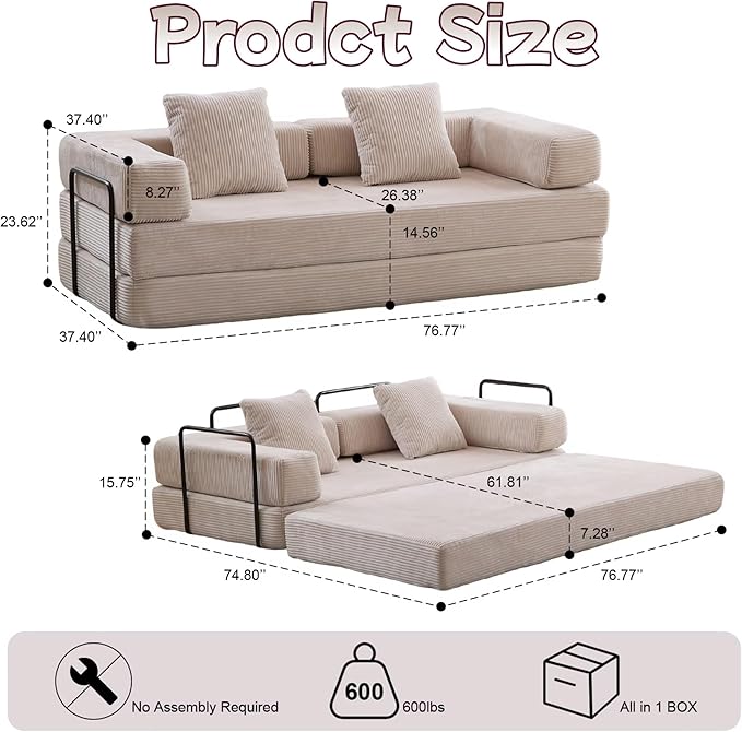 Convertible Sofa Bed, Compression Futon Sofa - Image 3