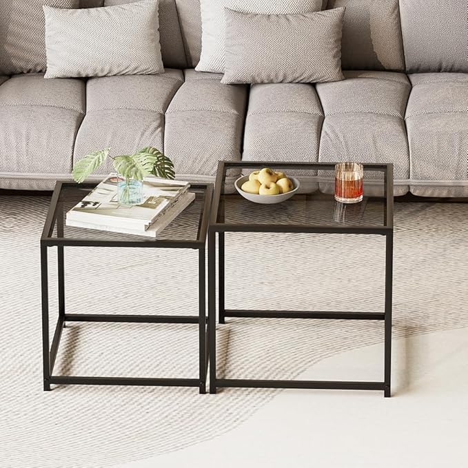 VILAWLENCE Coffee Table Set of 2, Modern Grey Patterned Glass Side Table - Image 4