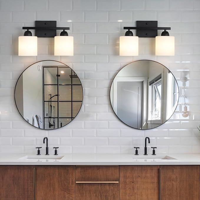 Milk Glass Vanity Lights for Bathroom, 2 Light Matte Black Bathroom Light - Image 2
