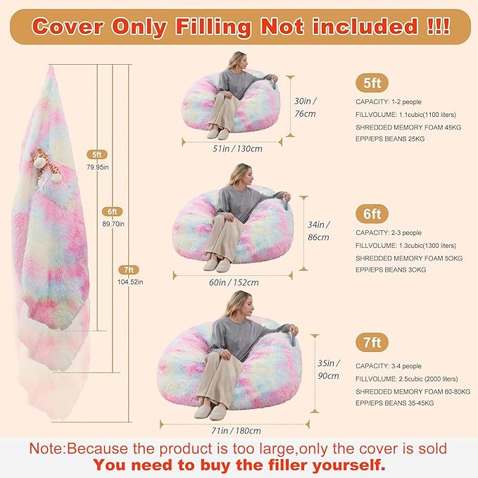 5FT Rainbow Bean Bag Chair Cover - Image 2