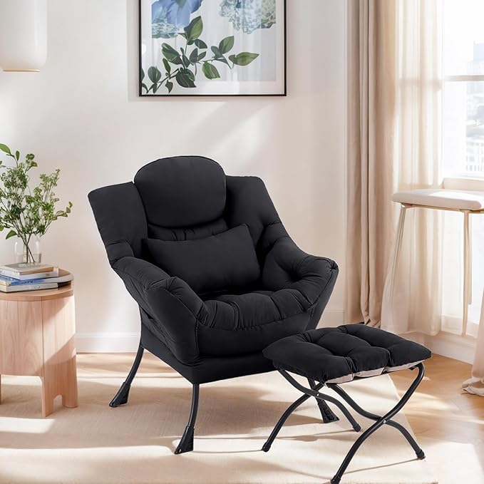 Lazy Chair with Ottoman, Comfy Fabric Accent Lounge Arm Chair with Lumbar - Image 5