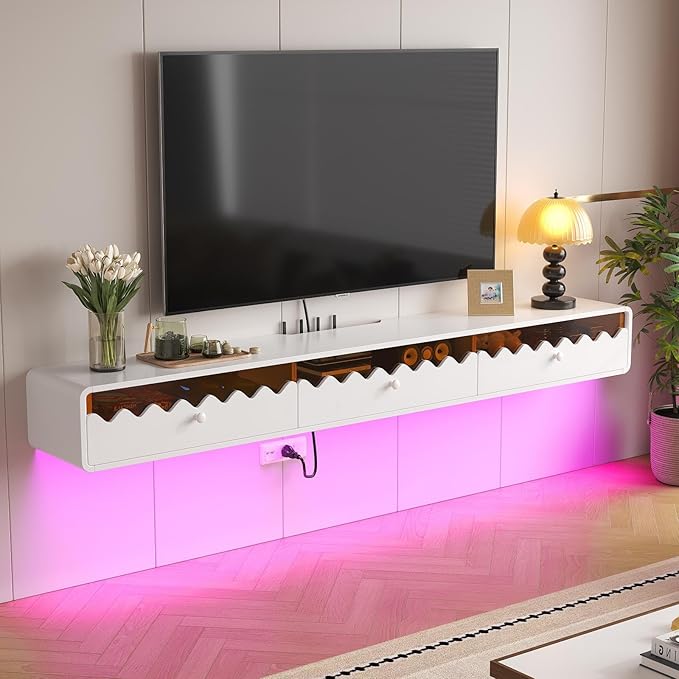 Floating TV Stand, 70IN Fully-Assembled Wall Mounted Wave Glass - Image 7
