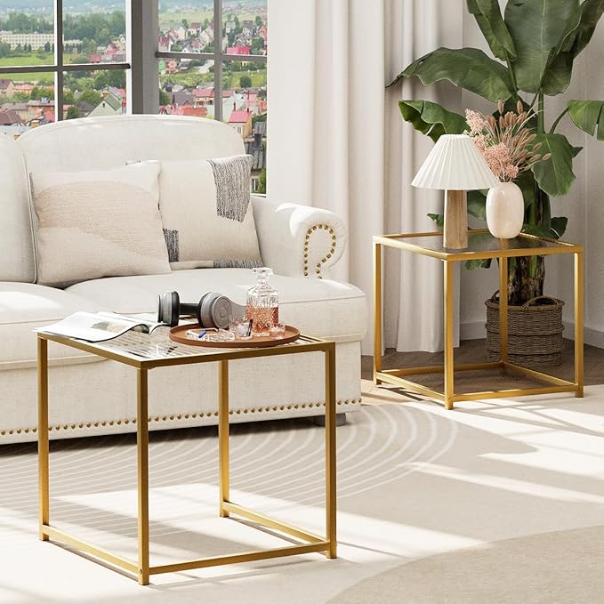 VILAWLENCE Coffee Table Set of 2, Modern Gold Patterned Glass Side Table - Image 6