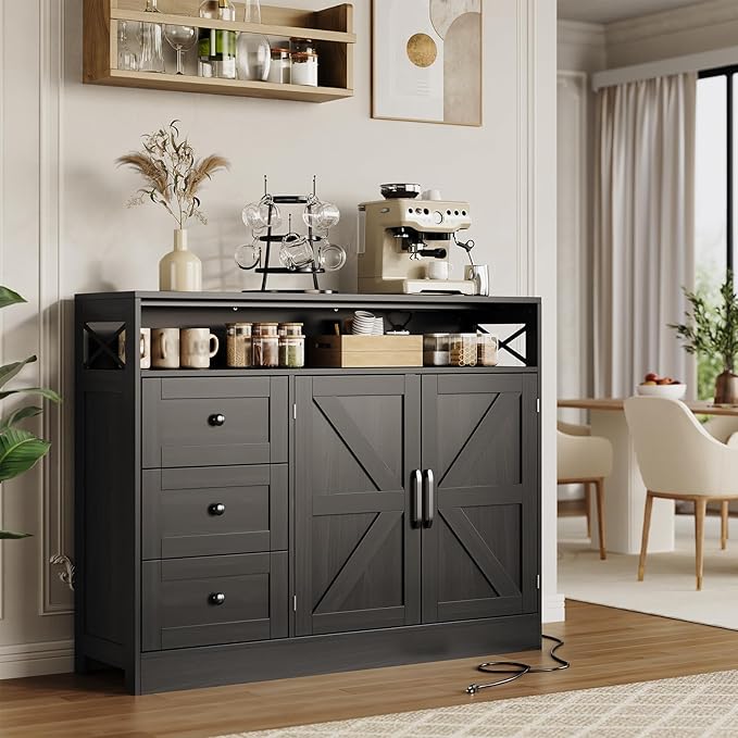 47inch Farmhouse Buffet Sideboard Cabinet, Wood Cupboard Storage Pantry Cabinet by Curtainboro