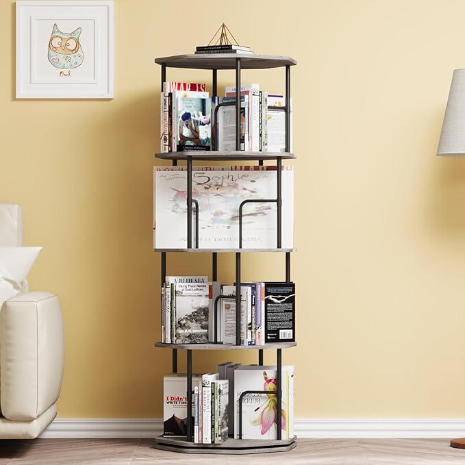 4 Tier Rotating Bookshelf, 360 Display Round Spinning Bookshelf Tower by HOVANESTY