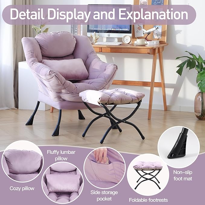 Lazy Chair with Ottoman, Modern Accent Chair with Lumbar Pillow, Comfy Chairs - Image 6