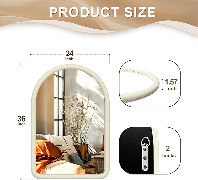 36"x24" Arched Bathroom Mirror, Wall Mounted Vanity Velvet Frame Mirror - Image 3