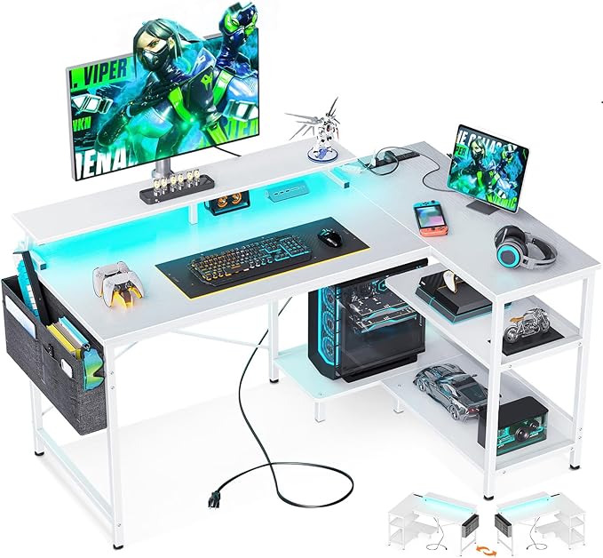 ODK 48 Inch Gaming Desk with USB Charging Ports and LED Lights, Reversible L by ODK