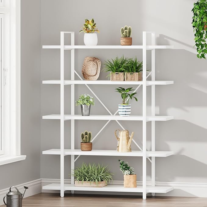 HSH 5 Tier Tall White Bookshelf, Metal and Wood Storage Book Shelves - Image 10
