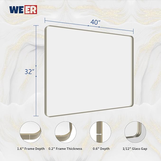WEER 40X32 Inch Brushed Nickel Bathroom Mirror, Brushed Silver Metal Frame - Image 6