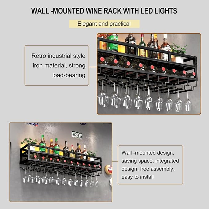 Pengfei LED Wine Rack Wall Mounted, Industrial Metal Wall Wine Shelf & Glass - Image 5