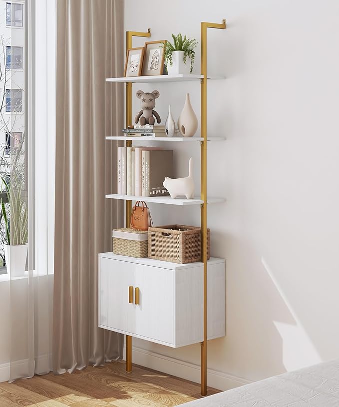 Yusong 73" Tall Bookshelf with Cabinet, Industrial Ladder Wall Mount Shelf - Image 8