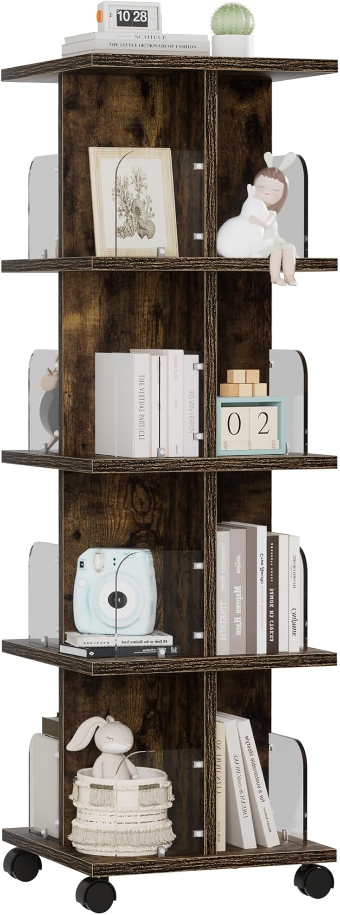 VECELO Rotating Bookshelf with Brake Wheels, 4 Tier Revolving Bookcase by VECELO