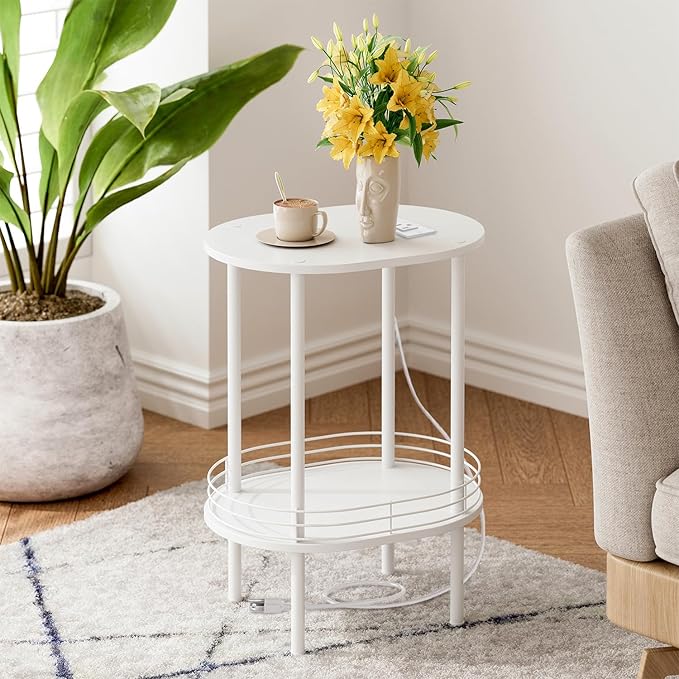 Small Round Side Table with Charging Station, Bedside Table with 2 USB Ports by DGSANDGPuttheCustomerFirst
