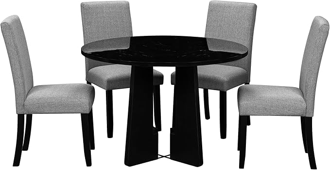 Merax 5-Piece Round Dining Table Set, Modern 4 Upholstered Chairs - Image 6
