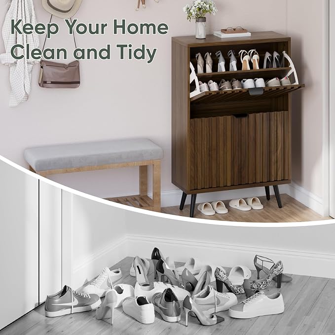 Smuxee Shoe Cabinet with 2 Flip Drawers, 23.6" Walnut Hidden Shoe Storage - Image 7