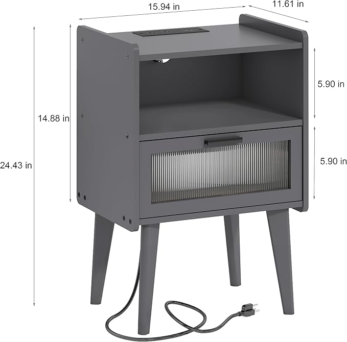 Nightstand with Charging Station, Bedside Tables Grey End Table Side Table with - Image 3