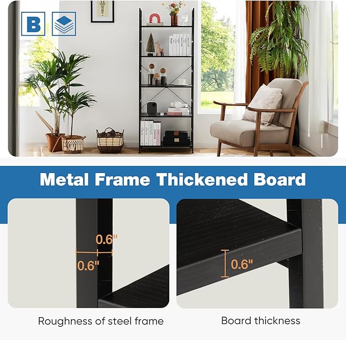 DUMOS 5 Tier Book Shelf Tall Modern Bookcase Set of 2 - Image 5