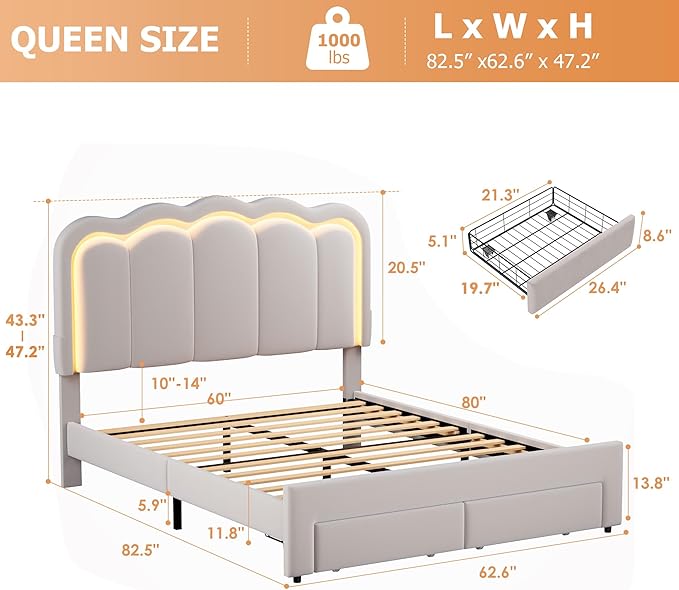 Queen Upholstered LED Bed Frame - Image 2