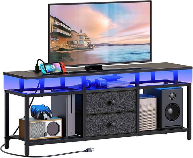 TV Stand with LED Light and Power Outlets, Entertainment Center with Fabric by Yatiney