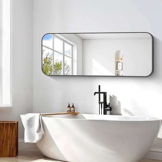 Bathroom Mirror, 60 x 24 inch Metal Framed Black Rectangle Mirror, Rounded - Image 7