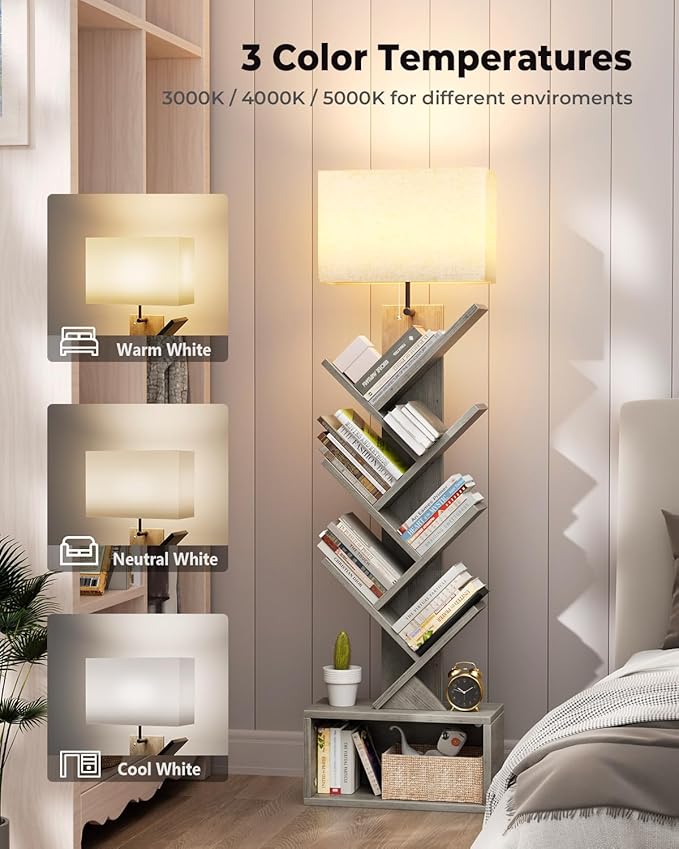 6 Tier Tree Bookshelf with Light, Narrow Bookcase Tower, Tall Floor Standing - Image 4