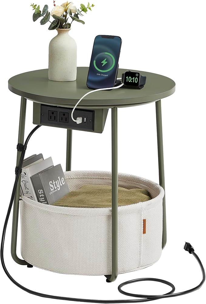 VASAGLE Side Table with Charging Station, Round End Table with Fabric Basket by VASAGLEbySONGMICSHOME