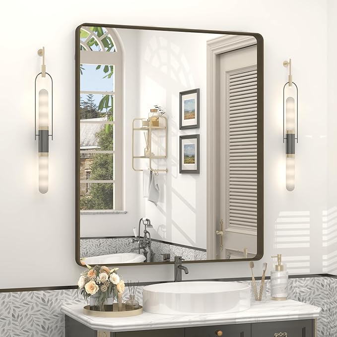 30x36 Inch Bronze Framed Bathroom Mirror, Brushed Bronze Metal Vanity Mirror by VANLIOBathroomMirror