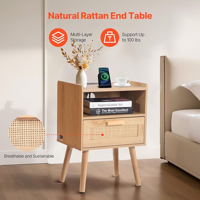 VEVOR Rattan Nightstand, Boho Bedside Table - Image 4