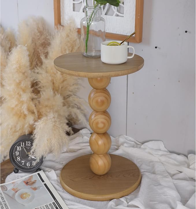 Round Wooden Side Table with Stacked Ball Pedestal Base, Accent Nightstand - Image 7