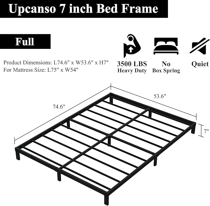 7 Inch Full Bed Frame No Box Spring Need, Low Profile Metal Platform Full Size - Image 3