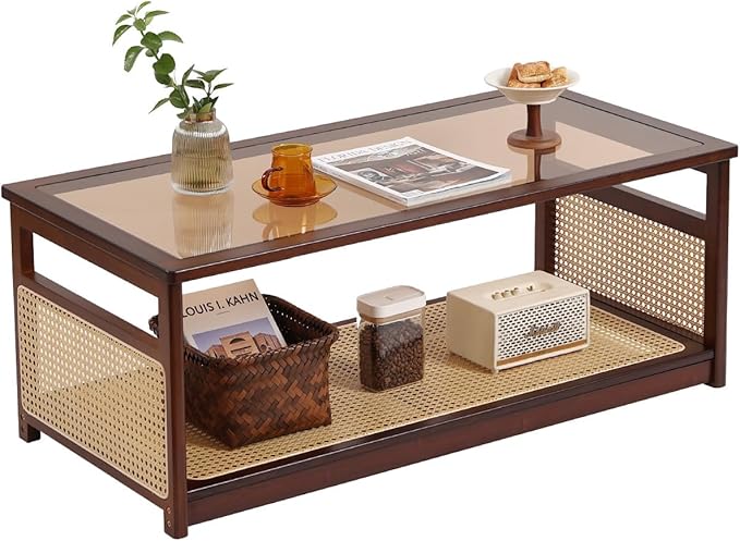 Welnow Rattan Coffee Tables for Living Room, Modern 2-Tier Coffee Table by LifeGetsBetterWithWelnow
