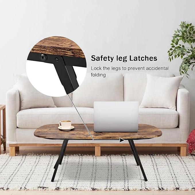 Foldable Coffee Table Natural Wood Oval Coffee Tables No Assembly Portable - Image 4