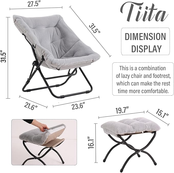 Tiita Folded Chair with Ottoman, Soft Faux Fur Oversized Folding Accent Chair - Image 3