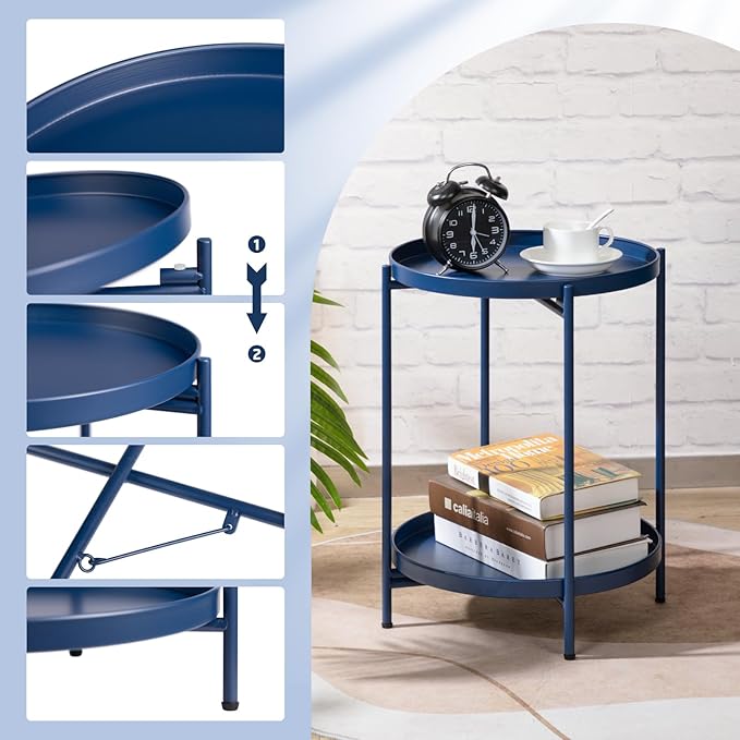 HollyHOME 2-Tier Round Side Table, Outdoor Small Folding Accent Stand - Image 4