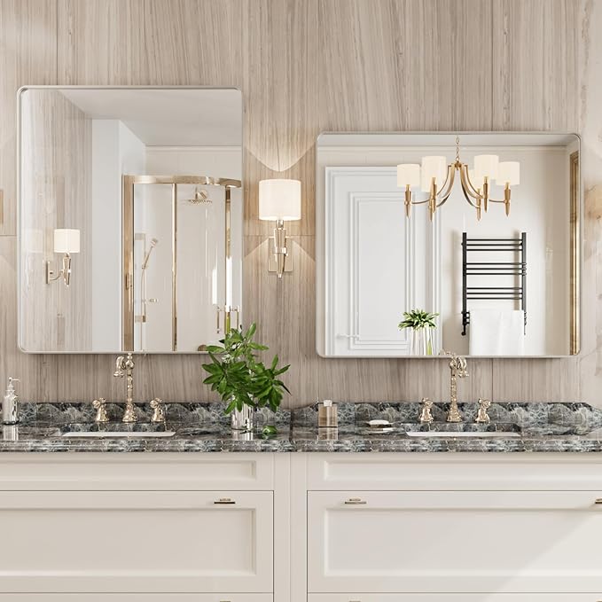 Brushed Nickel Bathroom Mirror, 30x36 Inch Thick Silver Metal Rectangle Frame - Image 3