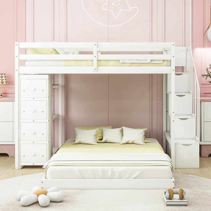 Twin Over Full Bunk Bed with 3-Layer Shelves, Wood L-Shape High Loftbed Frame by Favfurish